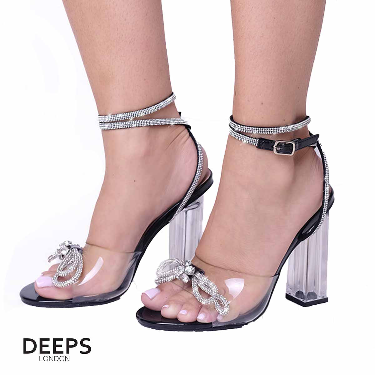 DIANA WOMEN'S PERSPEX BLOCK HEELED SANDAL WITH DIAMANTE BOW DETAIL AND ANKLE TIE