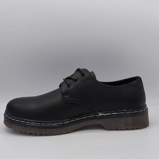 Side profile of durable black PU leather Derby shoes for women with laces, showing their comfortable and practical design for London wear.