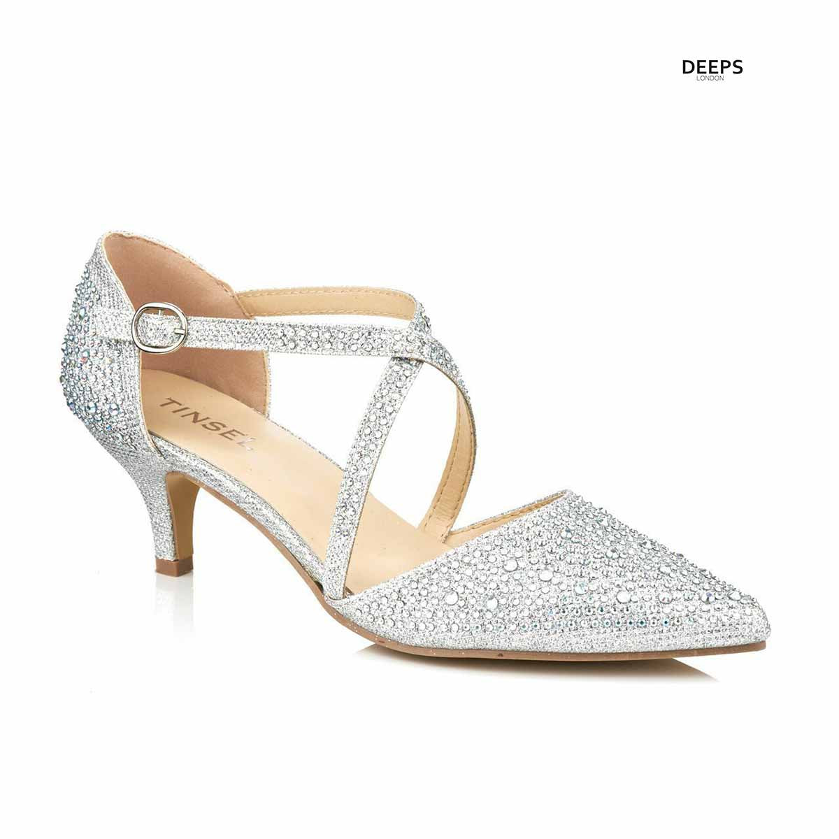 Front view of Illuminate diamante ankle strap kitten heel court shoes in Silver Diamond, showcasing the elegant kitten heel and sparkling ankle straps, London style from DeepsLondon.