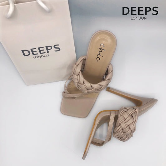 Front view of women's Jia braided cross-over toe post slip-on heels in beige, bohemian London style from DeepsLondon.