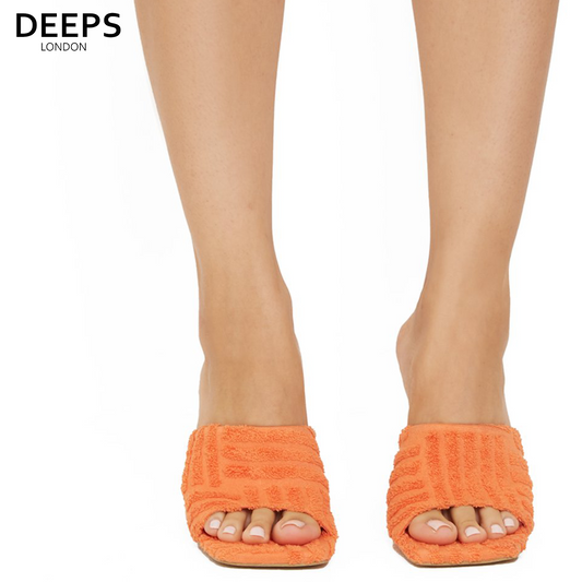 Front view of women's Laila towel fabric mule heels in orange, unique London comfort from DeepsLondon.