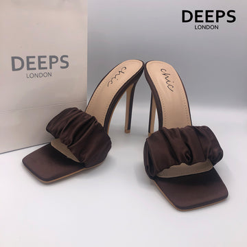 Close-up detail of Lily satin ruched mule slip-on heel in brown, showcasing the luxurious satin and stylish ruched design, London style from DeepsLondon.