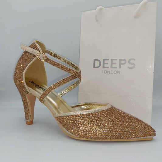 Side profile of women's Maya low knitted heel strappy court shoes in gold, showcasing the low knitted heel and stylish straps for London fashion.
