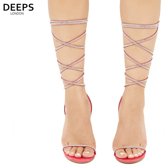 Front view of women's Nomi satin rhinestone lace-up heels in pink, glamorous London party style from DeepsLondon.