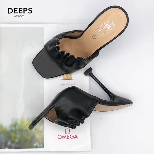 Front view of women's Sofy strappy square toe slip-on heels in black, modern London style from DeepsLondon