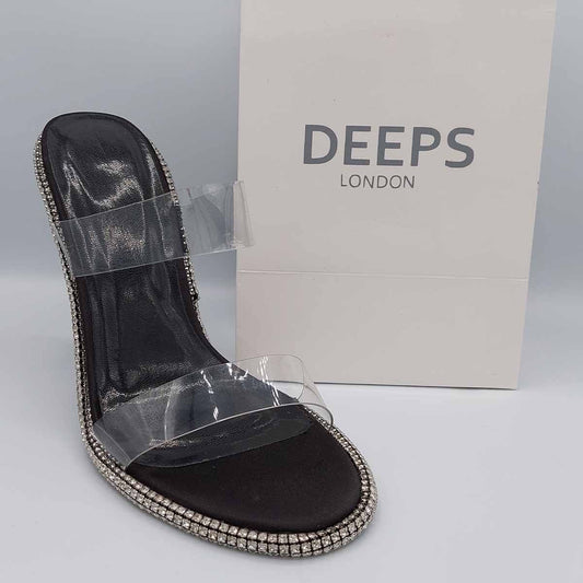 Front view of Veroni stiletto high heel with clear perspex straps in black satin, showcasing the elegant stiletto heel and modern clear straps, London style from DeepsLondon.