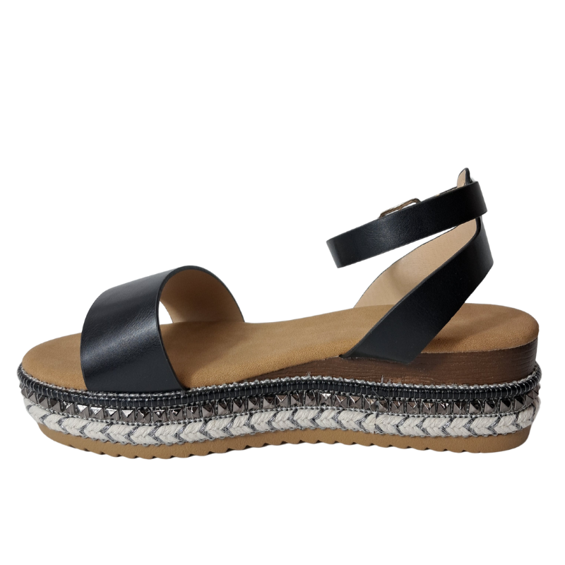 Other Side view of women's espadrille flatform sandals in black showcasing the wedge and strap details, stylish summer footwear from DeepsLondon in London.