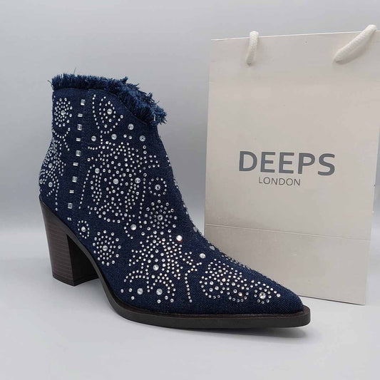 GRACE ANKLE HIGH CHELSEA BOOTS WITH RHINESTONES-DENIM EMBELLSHMENTS