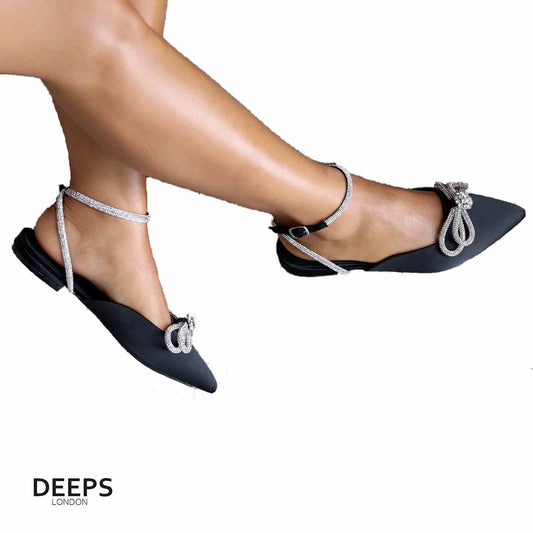 Satin Flat Mule with Diamante Bow & Wrap-Around Strap - Silver & Black | Women's Glam Sandals | DeepsLondon