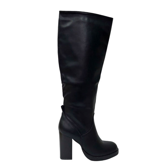 BLACK FAUX LEATHER KNEE HIGH  HEELED BOOTS  HALF ZIP