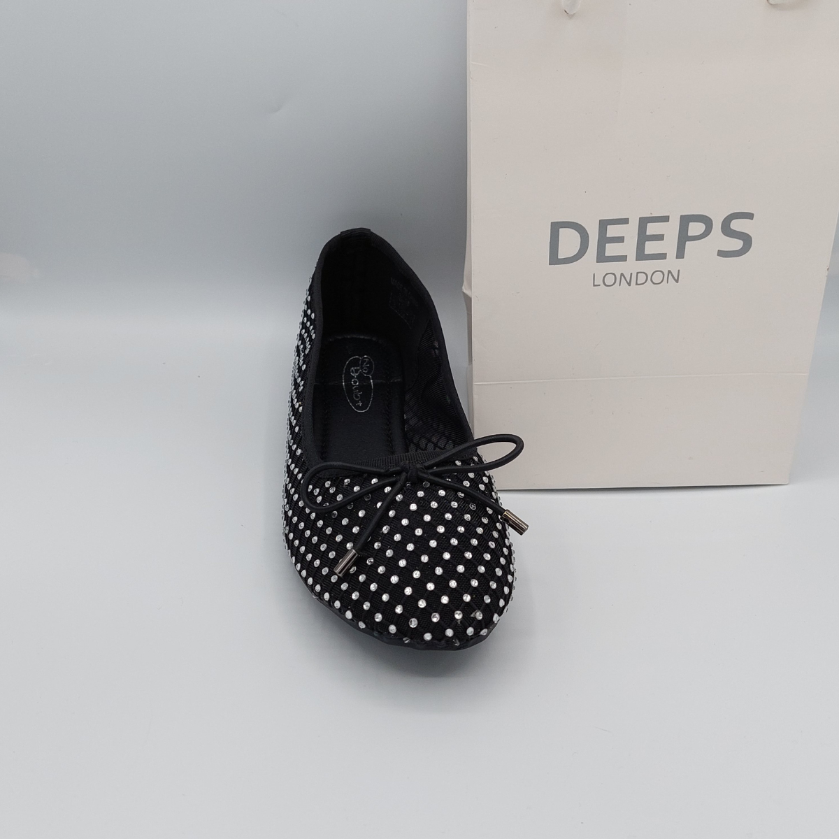 Front profile black diamante ballet flat for women spakle slip on sandals with black bow detailing in front