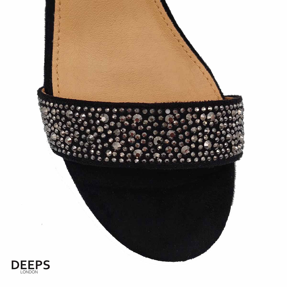 Close-up of the intricate all-over diamante detailing on women's block heel sandals in Black, highlighting their luxurious features from DeepsLondon.