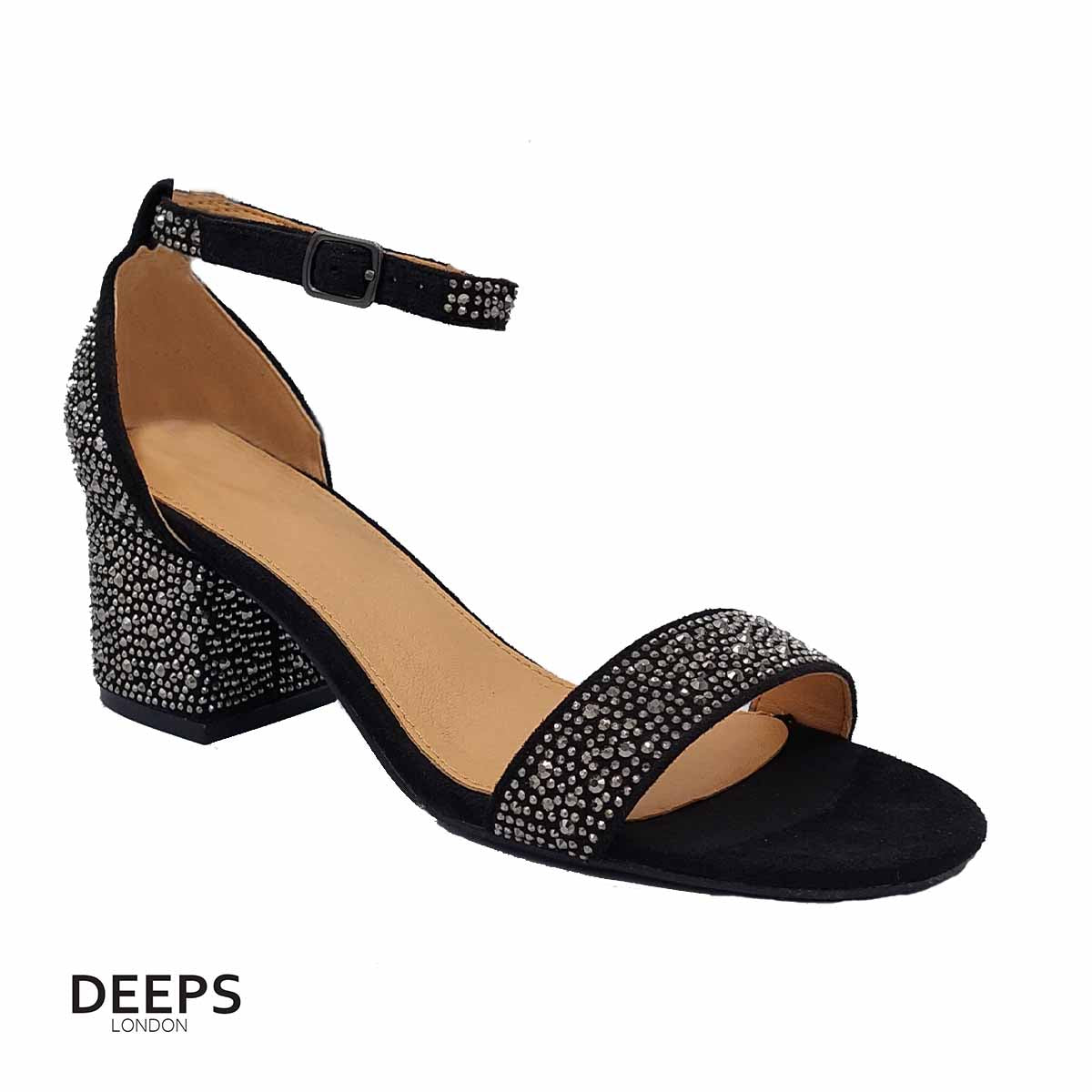 Front view of women's all-over diamante block heel sandals in Black, glamorous occasion wear for London events from DeepsLondon.