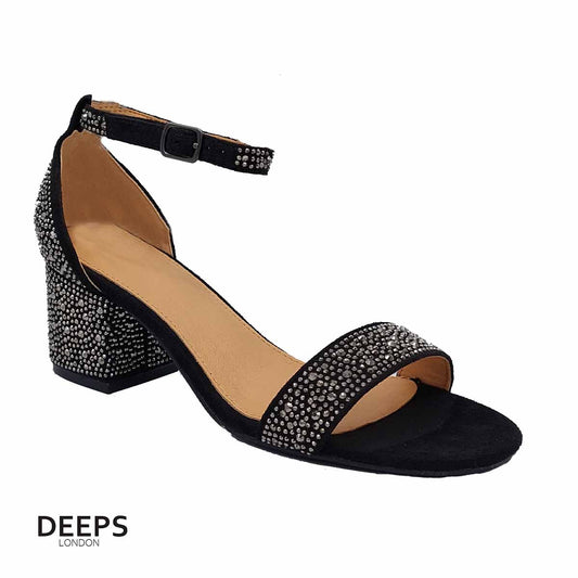 Front view of women's all-over diamante block heel sandals in Black, glamorous occasion wear for London events from DeepsLondon.