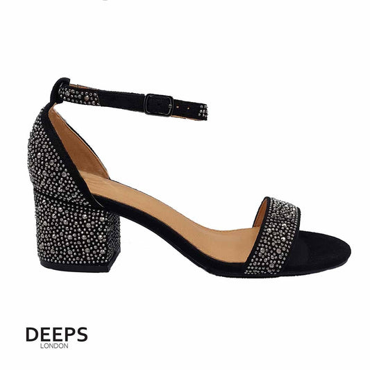 Side profile of women's all-over diamante block heel sandals in Black, showcasing the block heel and full diamante embellishment for London fashion.