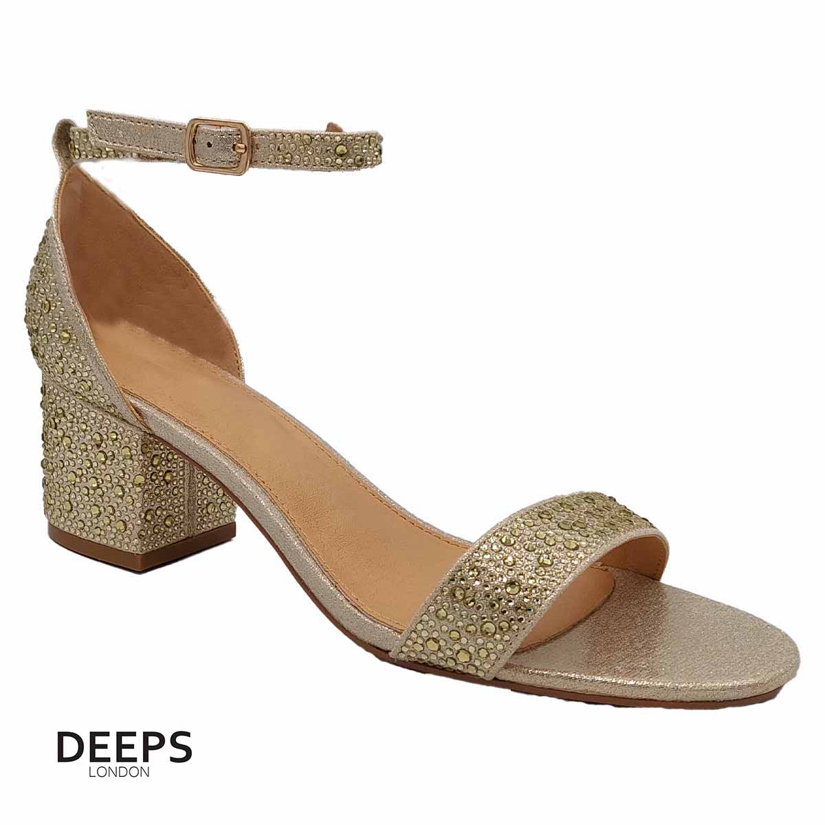 Side profile of women's all-over diamante block heel sandals in Gold, showcasing the block heel and full diamante embellishment for London fashion.