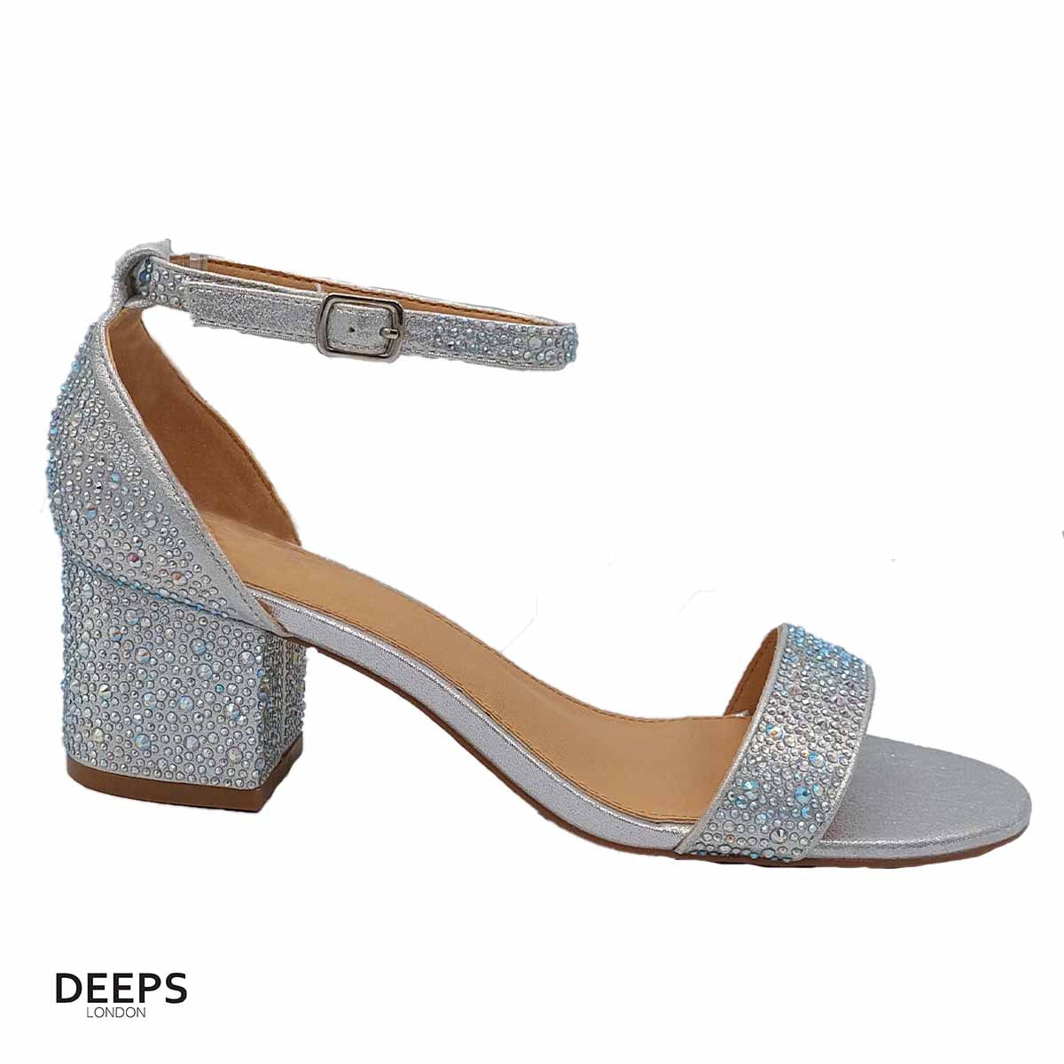 Front view of women's all-over diamante block heel sandals in Silver, glamorous occasion wear for London events from DeepsLondon.