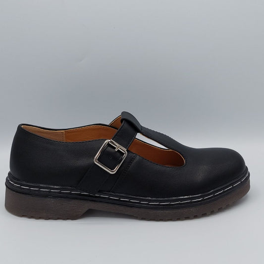 Front view of women's black Mary Jane vintage chunky buckled shoes, a stylish blend of retro and modern in London.