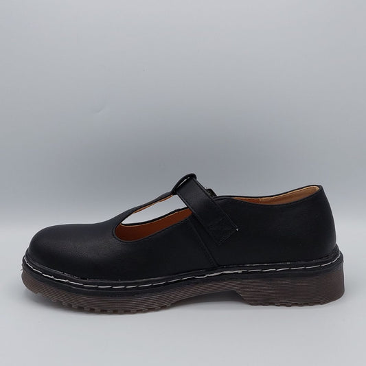 Side profile of women's black Mary Jane chunky buckled shoes, showcasing the chunky sole and the buckled strap detail, perfect for London fashion.