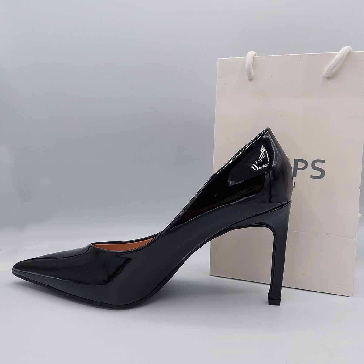 Close-up detail of the high-shine black patent leather and elegant silhouette of women's stiletto court shoes from DeepsLondon.