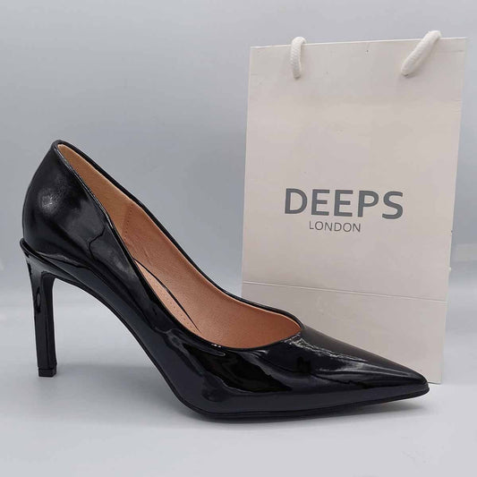 Front view of women's black patent stiletto court shoes, a classic and elegant choice for London fashion from DeepsLondon.
