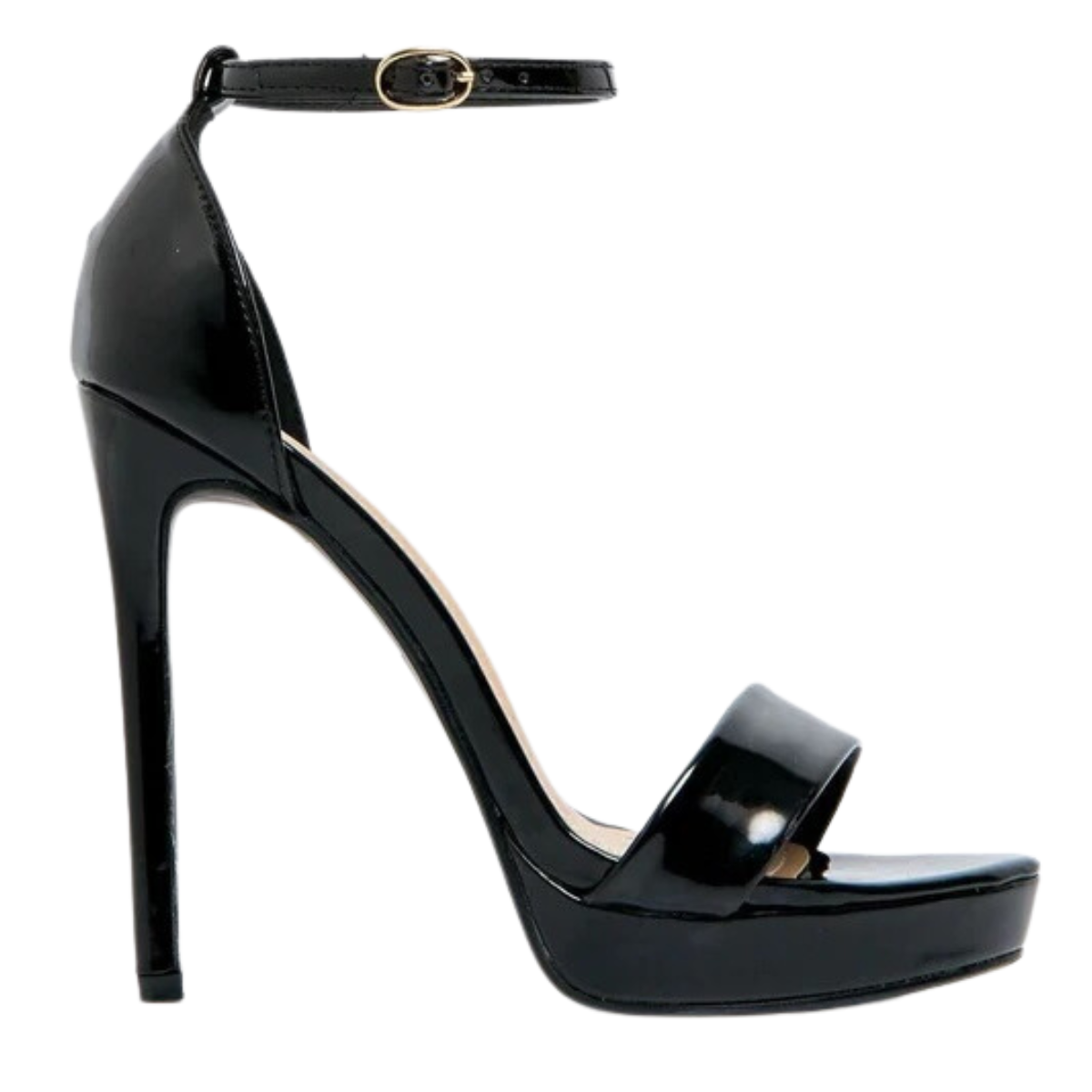 Side profile of black platform stiletto sandals, showcasing the high heel and delicate strap detailing for London fashion