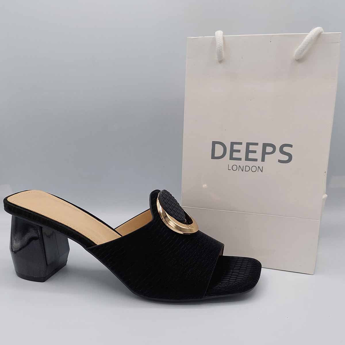 Front view of women's breezy block heel open toe mules in black, comfortable everyday sandals for London life from DeepsLondon