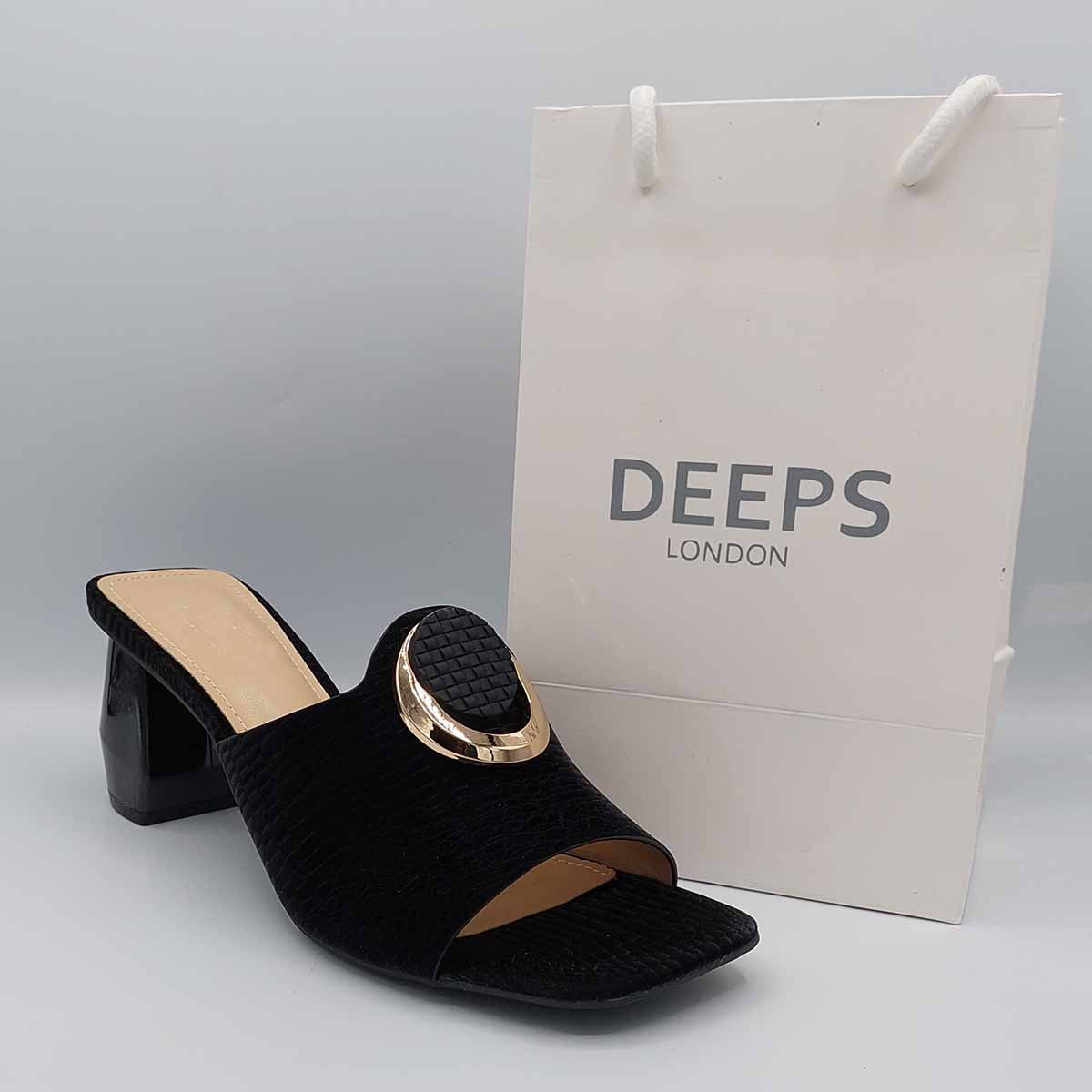 Side profile of women's breezy block heel open toe mules in black, showcasing the block heel and easy slip-on design for London fashion.