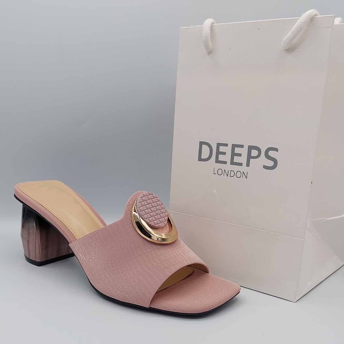 Front view of women's breezy block heel open toe mules in pink, comfortable everyday sandals for London life from DeepsLondon.