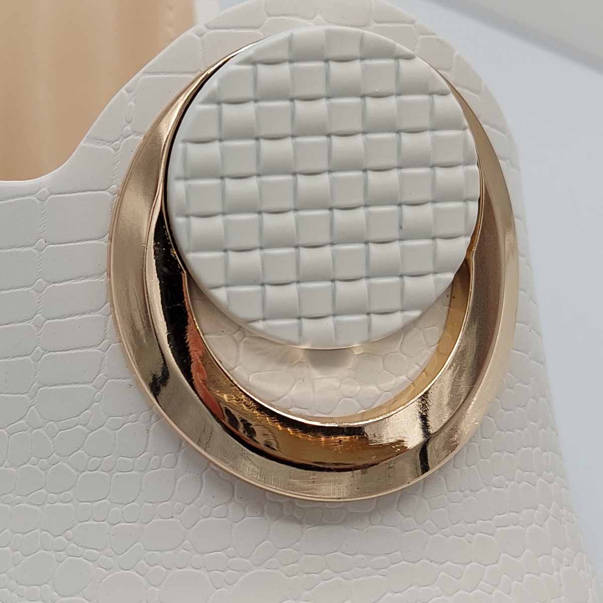 Close-up of the open toe and block heel on women's breezy mules in white, highlighting their comfortable and casual features from DeepsLondon.