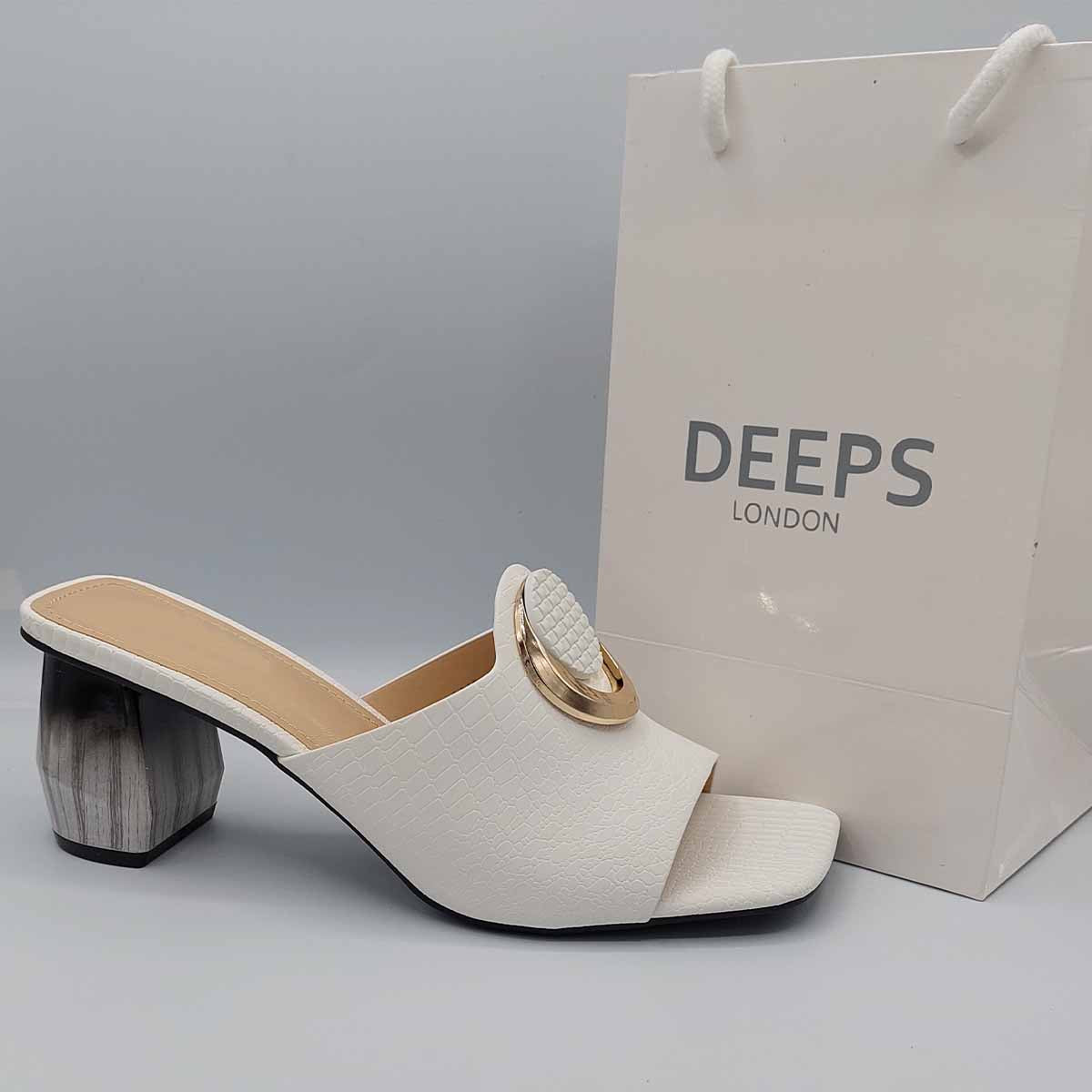Front view of women's breezy block heel open toe mules in white, comfortable everyday sandals for London life from DeepsLondon.