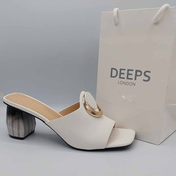 Front view of women's breezy block heel open toe mules in white, comfortable everyday sandals for London life from DeepsLondon.