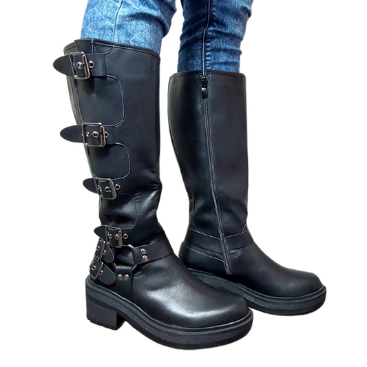 Side profile of women's black buckle detail mid-calf faux leather boots, showcasing the buckle accents and side zip fastening, perfect for London fashion.