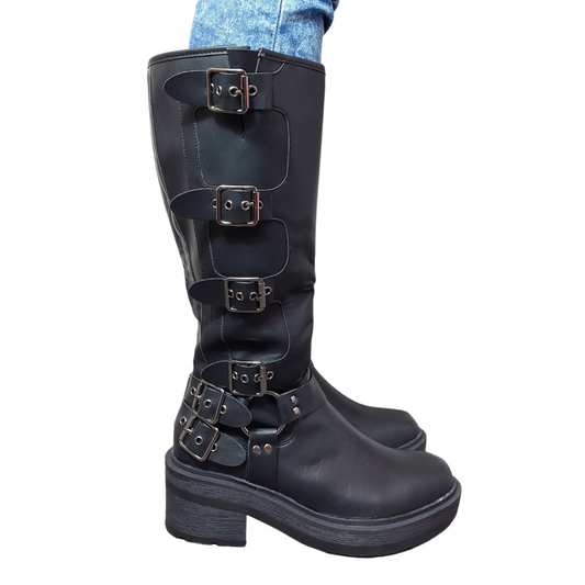 Side view of women's black buckle detail mid-calf faux leather boots with a full-length side zip, a stylish choice for London.