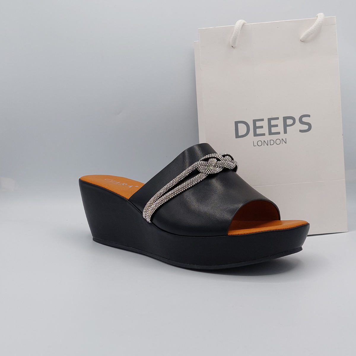 Close-up of the diamante embellishments on Carey wedge platform mules in black, showcasing the exquisite sparkle and open toe, London summer footwear from DeepsLondon.