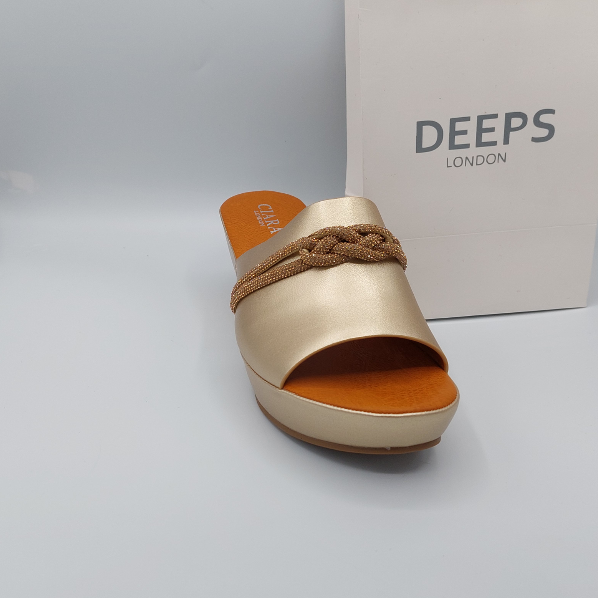 Front view of Carey open toe diamante wedge platform mule slider sandal in gold, showcasing the comfortable wedge and sparkling diamante straps, London summer style from DeepsLondon.