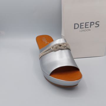 Front view of Carey open toe diamante wedge platform mule slider sandal in silver, showcasing the comfortable wedge and sparkling diamante straps, London summer style from DeepsLondon.
