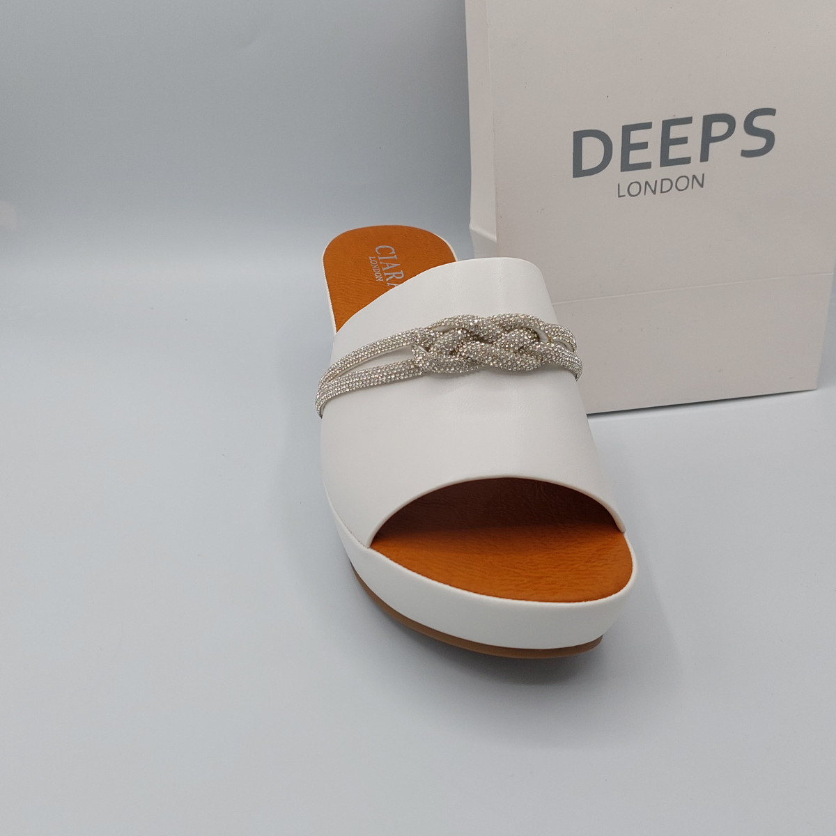Front view of Carey open toe diamante wedge platform mule slider sandal in white, showcasing the comfortable wedge and sparkling diamante straps, London summer style from DeepsLondon.