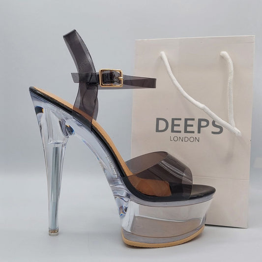 Close-up of the chunky clear platform and stiletto heel on women's high heels in black, highlighting their modern and edgy design from DeepsLondon.