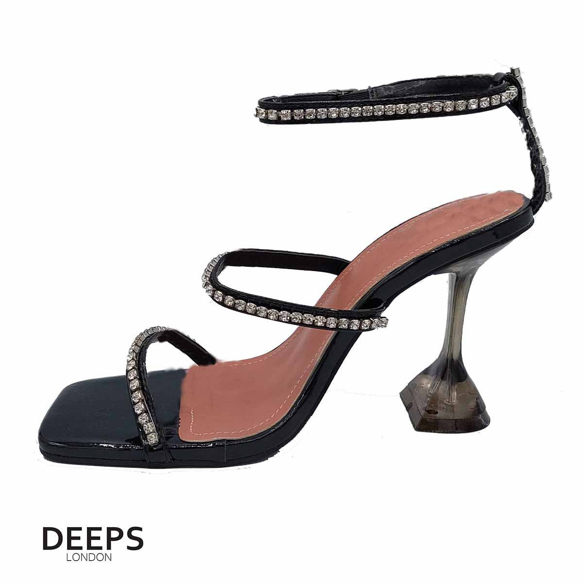 Close-up of the crystal embellishments and pyramid heel on women's sandals in black, highlighting their unique and elegant features from DeepsLondon.