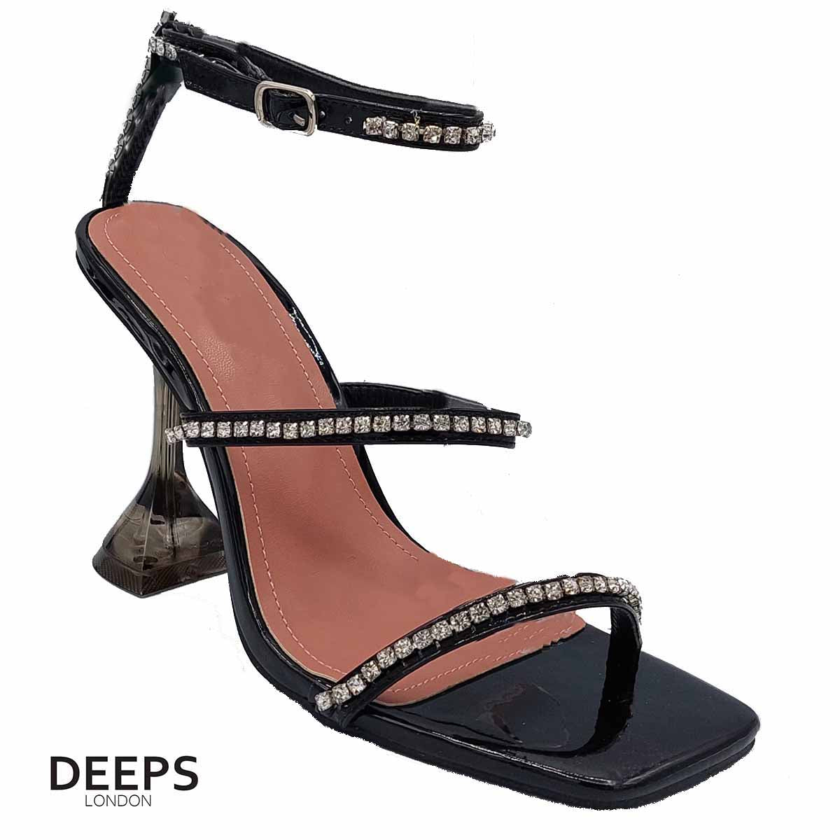 Front view of women's crystal embellished sandals with a pyramid heel and ankle tie in black, glamorous London style from DeepsLondon.