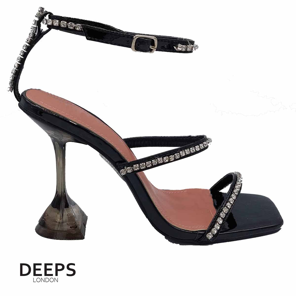 Side profile of women's crystal embellished sandals with a pyramid heel and ankle tie in black, showcasing the pyramid heel and sparkling details for London fashion.