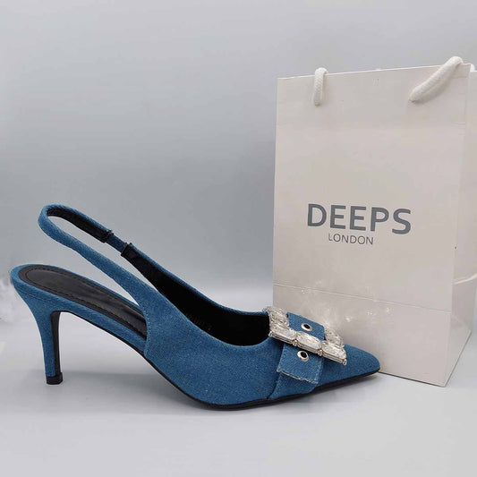 Front view of women's blue denim pointed toe slingback heels with diamante buckle detail, a stylish choice from DeepsLondon.