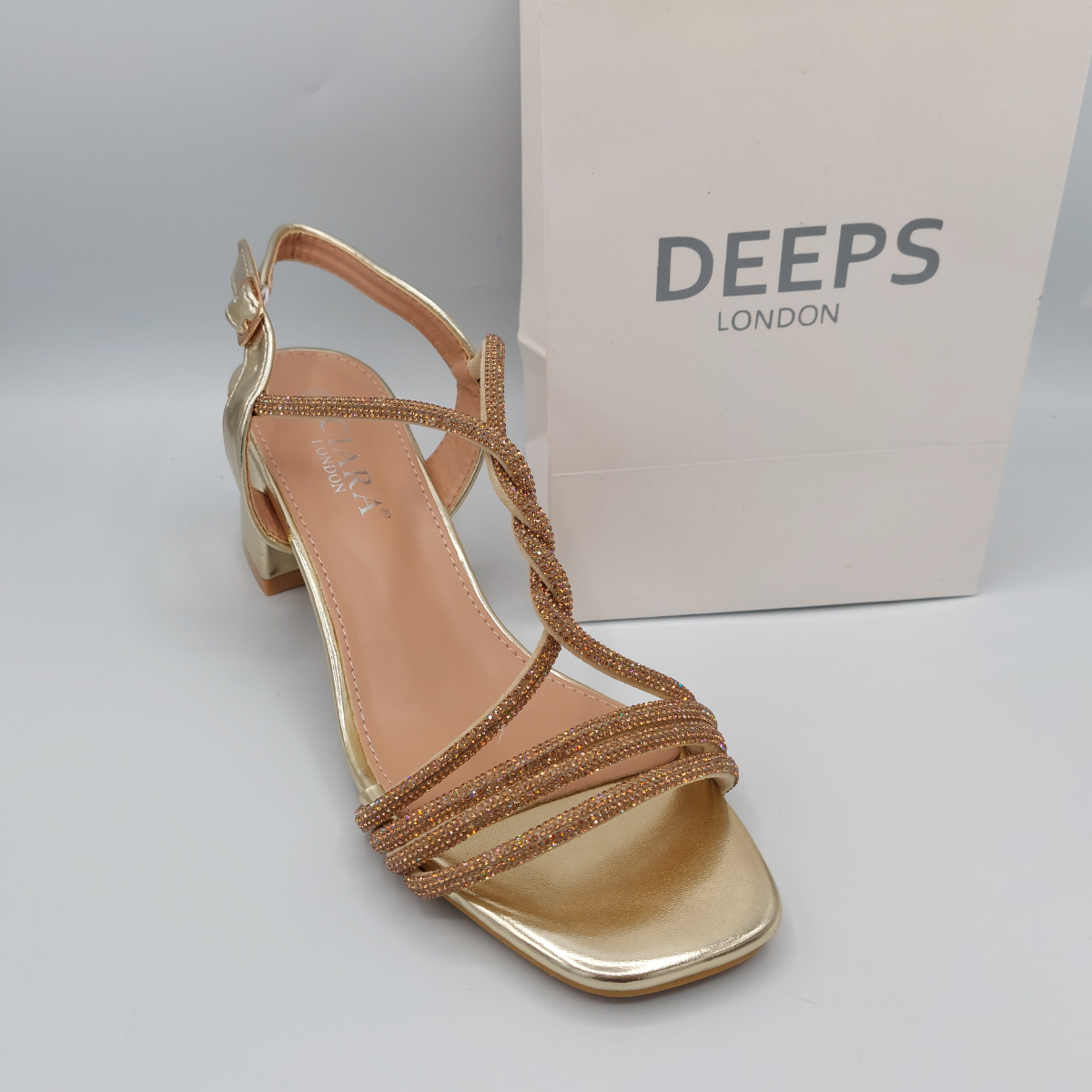 Close-up of the gold diamante embellishments and buckle strap on Deeps London block heel sandals, highlighting their elegant features.
