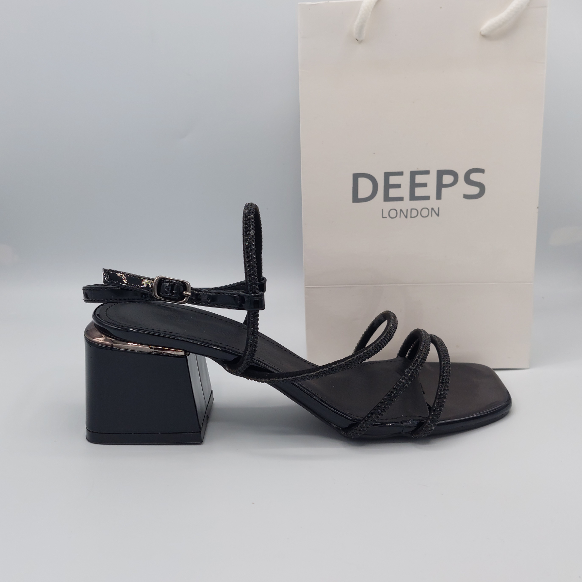 Front view of diamante embellished block heel sandals, a glamorous and stylish choice in London.