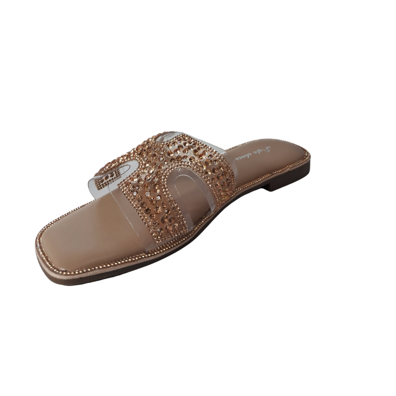 Front view of women's diamante cut-out strap flat summer sandals in gold, showcasing the stylish cut-out design and delicate diamante details, perfect for a London summer.