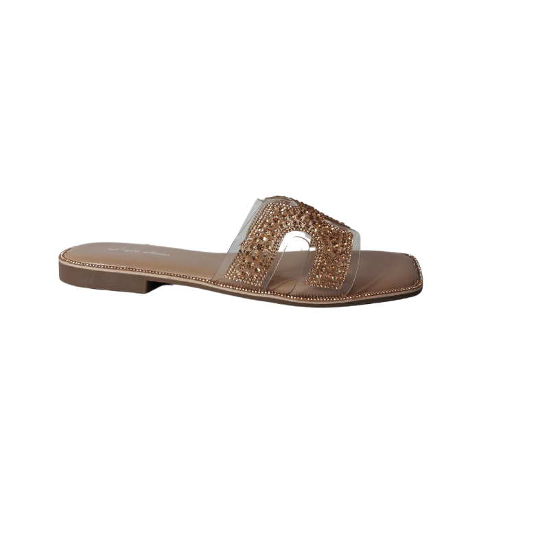 Side view of women's diamante cut-out strap flat summer sandals in gold, showcasing the stylish cut-out design and delicate diamante details, perfect for a London summer.