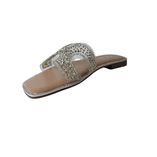 Front view of women's diamante cut-out strap flat summer sandals in silver, showcasing the stylish cut-out design and delicate diamante details, perfect for a London summer.