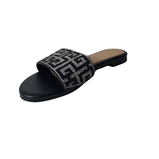 Front view of black diamante flat sandals, showcasing the slip-on design and sparkling diamante embellishments, London fashion from DeepsLondon.