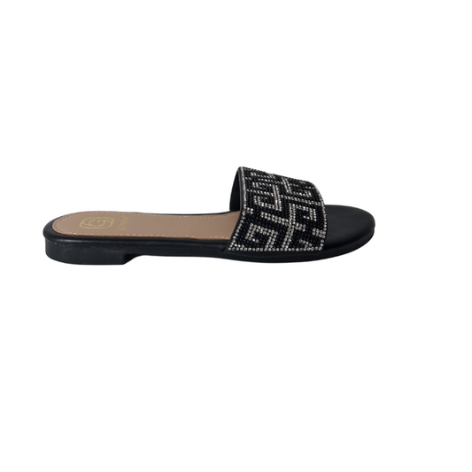 Side profile of black diamante flat sandals, highlighting the comfortable flat sole and stylish design, London footwear from DeepsLondon.